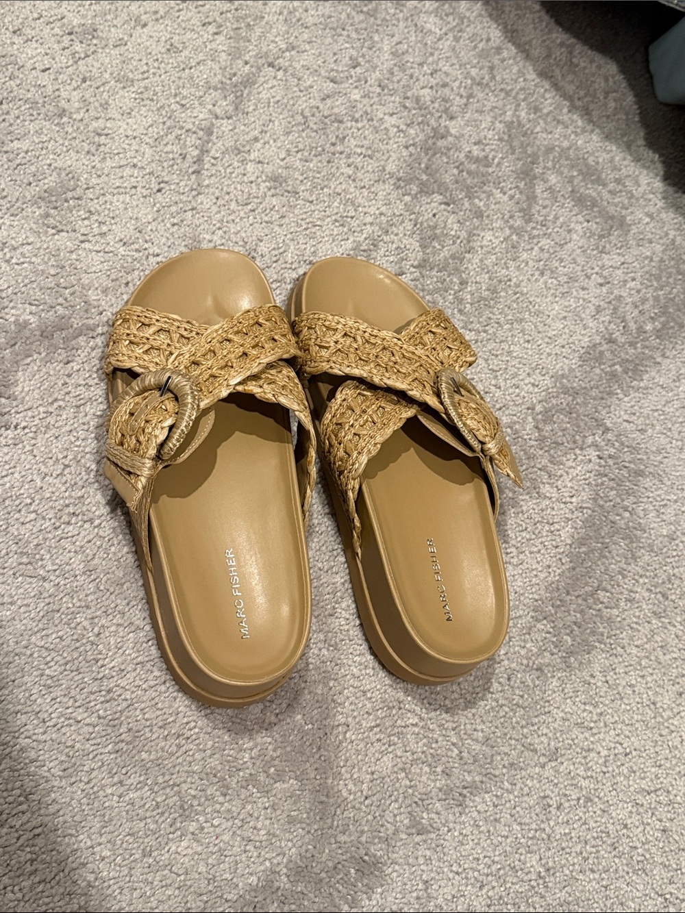 Marc Fisher Woven Tan Slide Sandals with Buckle Detail